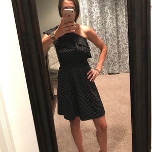 Black and white polka dot one shoulder dress